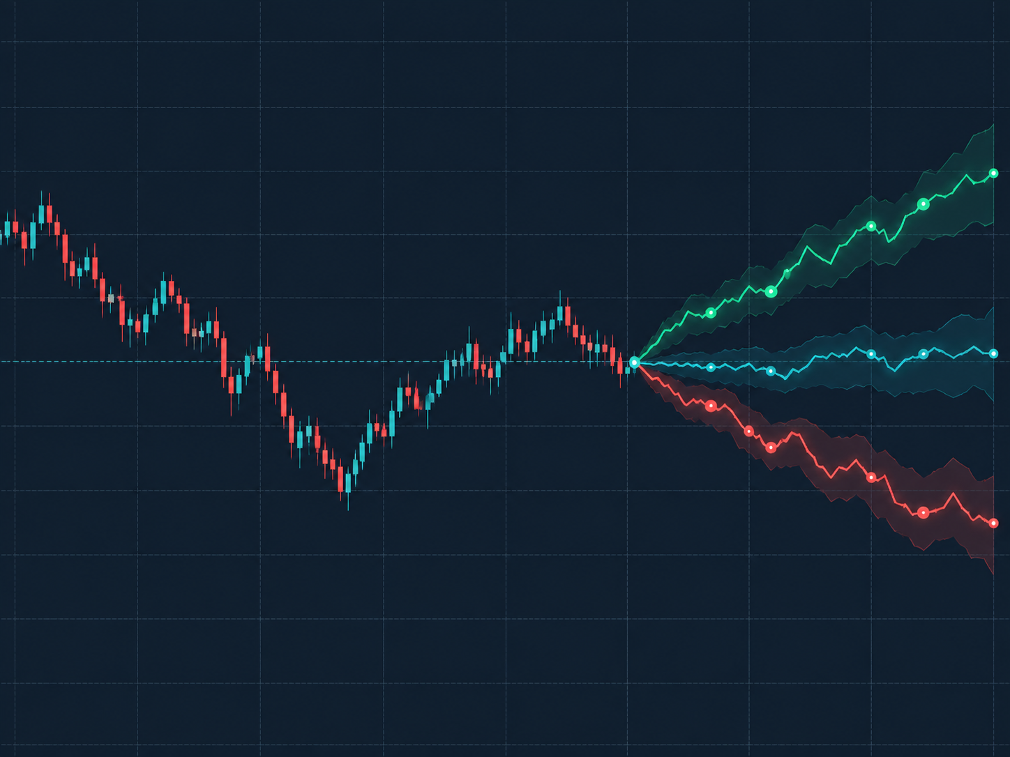 A candlestick chart branching into three historical-pattern scenarios